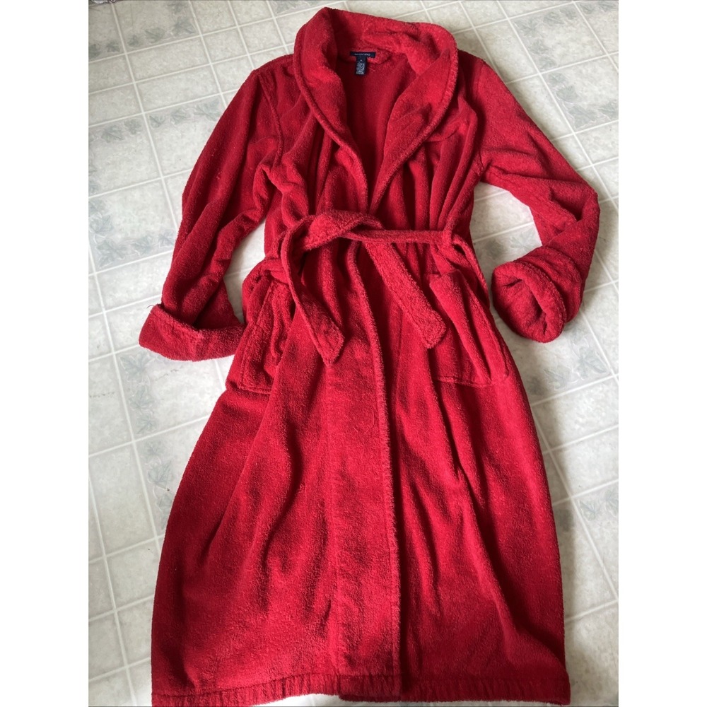 Lands End Womens Medium 10-12 Heavyweight Belted Long Red Terry Cloth Robe